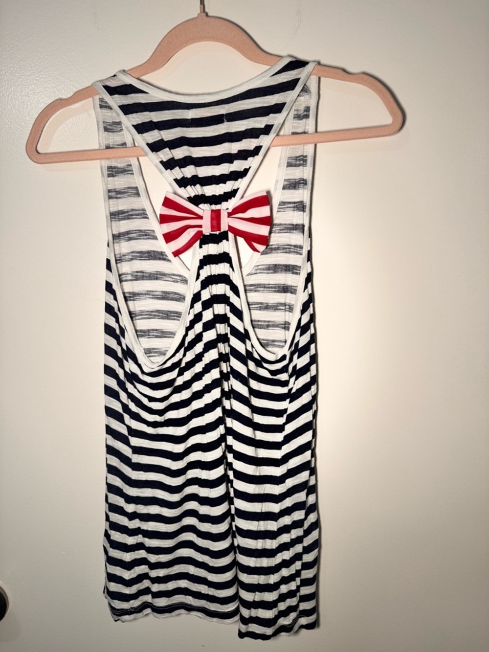 C Fourth of July Patriotic Navy & White Stripe Tank w/ feminine Red Bow detail